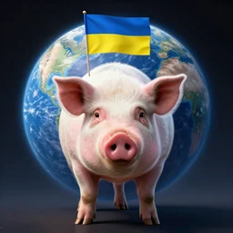 photo of an angry pig with a ukrainian flag on the back of the planet, photorealism