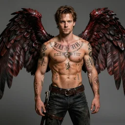 attractive Sam Winchester as a muscular angel with demon wings wide open, whole body tattooed with runes and satanic symbols, D&D!, fantasy style, sharp focus!, ultra detailed, art by Artgerm and Peter Andrew Jones, WLUP