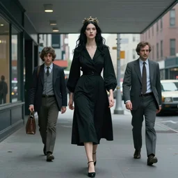 a tall and beautiful pale woman with very black hair with a crown on her head walk in the streets of new york circa 1 9 8 4 edward hopper and james gilleard, surreal, open ceiling, highly detailed, airbrush, ilya kuvshinov, wlop, stanley artgerm, very coherent, art by takato yamamoto and james jean