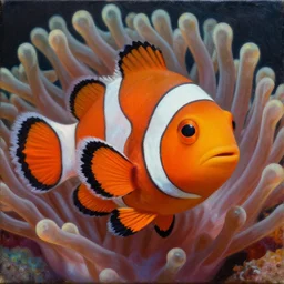 intricate five star clown fish with his anemone portrait by casey weldon, oil on canvas, hdr, high detail, photo realistic, hyperrealism, matte finish, high contrast, 3 d depth, centered, masterpiece, vivid and vibrant colors, enhanced light effect, enhanced eye detail, artstationhd