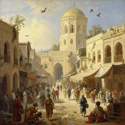 a movimented market painted by jan baptist huysmans, adorned architecture, birds, nature, middle east, epic painting, cgsociety, beautiful, semirealism, artstation, volumetric light, octane render, sharpness, 8 k, golden ratio