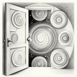 golden ratio, circles, squares, perfection, intricate, sublime, heavenly, doorway, detailed, pencil art, spirals, artwork of an astronaut opening door that shows the universe illustrated by davinci