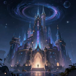 A beautiful fantasy artwork of a celestial cyberpunk castle by li shuxing, trending on artstation