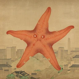 a goryeo era buddhist painting of a kaiju starfish creature, monster over cityscape, light burning through the painting,, ink painting, glitchy sliced zonal drawing, mirror flare