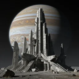 unreal engine hyperreallistic render 8k highly detailed 4K fantasy matte painting of a brutalist concrete structure on jupiter moon ganymede at night massive planet jupiter in background