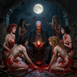 midnight moonlight underground realistic detailed matte painting of wan bald british man surrounded by blood tweakers! addicts! groupies performing ritual blood magic greg rutkowski artstation hdr vivid color ( ( ( ( ( ( ( alphonse mucha ) ) ) ) ) ) )