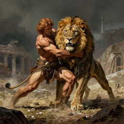 Samson wrestling the lion, pulp science fiction illustration