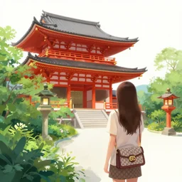 a digital painting of a magical japanese temple with a woman wearing gucci exploring, lush plants and flowers, eco - cyberpunk art by james jean, cgsociety, retrofuturism, anime aesthetic, chromatic, iridescent, uhd
