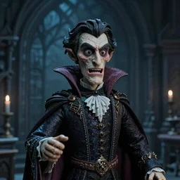 photo taken of an epic intricate, ultra detailed, super realistic stop motion puppet of a majestic gracious regal aristocratic vampire in a gothic victorian filmset studio created by weta workshop and directed by tim burton, menacing, close up shots, photorealistic, sharp focus, gloomy, extremely cold blueish colour temperature, 3 5 mm, f 1. 4