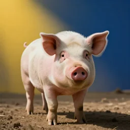 photo of a pig with yellow and blue background, photorealistic