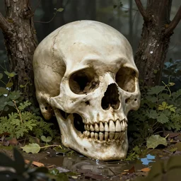concept art of abandoned skull, trees, puddles of water, bushes and leafs, by filip hoda