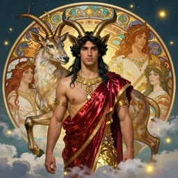 portrait, beautiful male greek faun, ruby and golden clothes, long black hair, 3 2 k, very detailed, fantasy, clouds, fireflies, neck jewelry, soft lighting, realistic, ornate, vibrant, artstation, alphonse mucha, greg rutkowski, lois van baarle, terese nielsen, sharp focus, symmetry