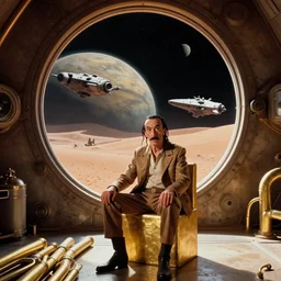 background : a huge circle porthole in which space is visible, planet arrakis, spaceships | foreground : dali sitting on gold rectangle chair with many gold pipes | from the movie by alejandro jodorowsky with cinematogrophy of christopher doyle and art direction by hans giger, anamorphic lens, kodakchrome, 8 k