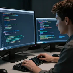 a face of a programmer at the table in front of a computer with multiple screens, long lines of code, IT, matrix style, close-up, 4k, ultra details, cinematic, epic style, beautiful photo, hyper realistic, octane render, unreal engine, award winning, on artstation, volumetric lightning, dramatic lights, masterpiece,