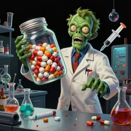 hyperdetailed cyber fun 70's poster painting in a color style of 70's black poster art of an a crazy pharmacist zombie holding a giant jar of pills, chemical lab, syringe, drugs, chemical substances, epic scale ultrawide angle, 3D  rendered, Vray rendered, octane render, unreal engine