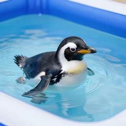 HDR Iphone photo of a cute penguin swimming in an inflatable pool
