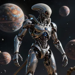 mechanical humanoid alien god attacking planets in space, art by mark cooper, 8 k, hyper detailed, hdr, intricate, masterpiece, in the style of mark cooper