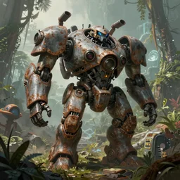 a hyperrealistic painting of a gigantic rusty and broken old mech on alien jungle planet, a detailed matte painting by karol bak and christophe vacher, frostpunk, hires render, hirs, 8 k, 4 k, ambient light, light occlusion, vray
