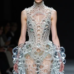 iris van herpen haute couture collection central piece coated thousands of varying size glass bubbles with transparent silicone to form a bioluminescent prism as a glass dress, the bubbles are arranged into a high - necked, sleeveless bodice and extended out from the waist into a skirt, expert photography sigma 8 5 mm f _ 8, high detail