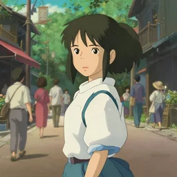 awesome girl on busy street, side shot, in the style of spirited away, hyperrealism, soft lighting, art by satoshi kon, lush detail, award winning, trending on artstation