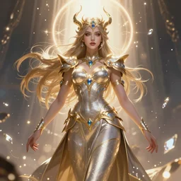 a beautiful female god character from hades game, character is in all its glory, centered, rim lights, highly detailed professional illustration, dynamic lights, particles and crystals are flying, trending on artstation, illustration, 4k