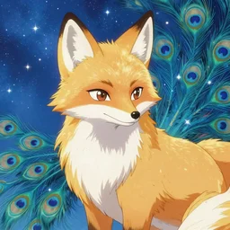 portrait from an old anime of an ethereal colorful blue starry fox peacock character with giant golden demonic fangs, wearing star filled mage robes, sitting in an illuminated observatory at night, art by yuji ikehata, background art by miyazaki and art direction from the last unicorn film, realism, detailed, proper human proportions, fully clothed