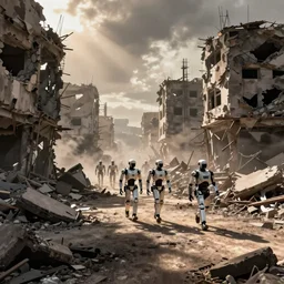 color video footage, assault - bots walking in the bombed city,