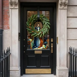 new york apartment entrance, wreath on door, artwork by gaston bussiere, craig mullins, trending on artstation