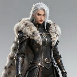 dragon hunter wearing a fur - lined dragonhide jacket!!! beautiful and gorgeous elegant white hair!! symmetry, character concept art, sharp focus, illustration, art by artgerm!! greg rutkowski magali villeneuve wlop!! ilya kuvshinov!! charlie bowater! octane render, unreal engine 5! highly rendered!!