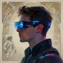 sillouete side view future coder man, sleek cyclops display over eyes and glowing headset, neon accents, holographic colors, desaturated headshot portrait digital painting by charles camoin, alphonse mucha, donato giancola, john berkey, dean cornwall, alex grey, tom whalen, astronaut cyberpunk electric lights profile