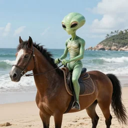 “an alien riding a horse along the beach ultra realistic”
