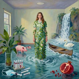 a tall female pathology student wrapped in vines in empty apartment, a river flooding inside, medical supplies, medical mask, syringes, pathology sample test tubes, pigs, plants in glass vase, water, river, rapids, canoe, pomegranate, berries dripping, waterfall, swans, acrylic on canvas, surrealist, by magritte and monet
