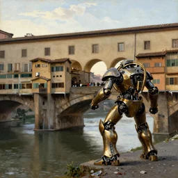ponte vecchio at dawn attacked by a gian steampunk mecha, paint by william - adolphe bouguereau