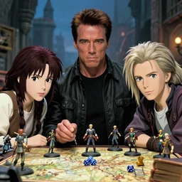 film still dnd, schwarzenegger, beckinsale, charlize theron, lawther playing dnd, dices map book miniatures, finely detailed features, closeup at the faces, perfect art, at an ancient city, gapmoe yandere grimdark, trending on pixiv fanbox, painted makoto shinkai takashi takeuchi studio ghibli, akihiko yoshida