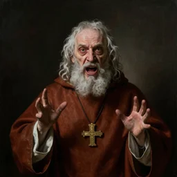 baroque portrait of a crazed old priest who has not bathed in weeks, he is possessed by a divine spirit that has driven him mad