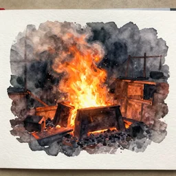 small centered on watercolor paper, paint brush strokes, abstract watercolor painting of iron forge, glowing hot metal, molten orange lava, midday sharp light, dust, cinematic light, american romanticism by hans dahl, by jesper ejsing, by anders zorn, by greg rutkowski, by greg manchess, by tyler edlin