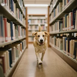 Running dog in a library, Sigma 24 mm f/8 1/1000 sec. shutter