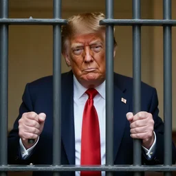 an image of donald trump behind a jail cell, cinematic photography, detailed