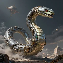 mechanical floating giant snake in space, clockpunk, giger, by greg rutkowski
