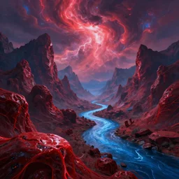 artstation, beautiful alien landscapes, red organic shiny rocks with veins, drmatic sky with swirling flows of energy and plasma, a blue river, steep mountains
