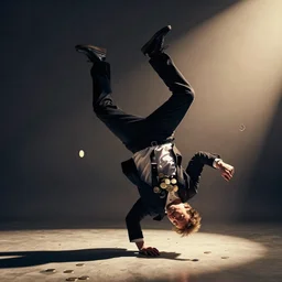 Elon Musk breakdancing and doing a head spin while doge coins are falling out of his pocket