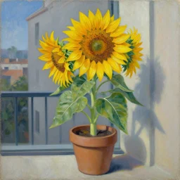 a sunflower in a pot in a building by peter elson, oil on canvas
