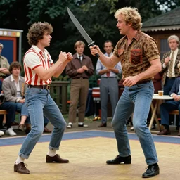 Still from 1980s UK TV show Pro Celebrity Knife Throwing with John Fashnu. There has been an accident involving Timmy Mallet