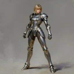 full body girl metal armor dynamic poses painting by tim hildebrandt