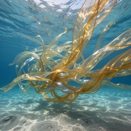 millions of thin ribbons of translucent gold and silver fabric in a vast underwater landscape are branching and twisting in a swift underwater current, blue water, sandy seafloor, caustics lighting from above, hyperrealistic, unreal engine