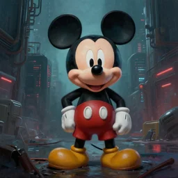 amazing detailed photorealistic painting of a gritty cyberpunk mickey mouse in a gritty dark cyberpunk city hd, hq