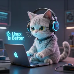 funky cyberpunk cat in headphones prooving that linux is better, using laptop, extremely detailed, sharp focus, wide view, full body shot, smooth, digital illustration, by james jean, by rossdraws, frank franzzeta, mcbess, sakimichan, brosmin, danton fadeev, steve simpson
