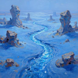 a sparkling blue desert with streams of coloured sand glittering with alien rock formations, artstation 3 d, oil painting, vast, epic composistion