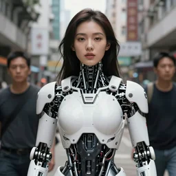 portrait of beautiful asian woman in white metallic and robotic cyborg tactical gears, by jan van eyck, kim jung gi, james jean, in the street of neo hong kong, craig mullins