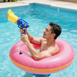 a man in a pool, in an inflatable donut, holding a water gun
